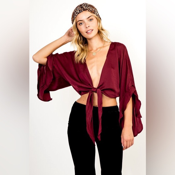 Olivaceous Tie front top with kimono style sleeves - burgundy - small - Picture 1 of 7